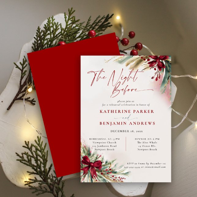 Convites Ensaio de Casamento de Arco de Natal do Winter Gre (winter christmas wedding rehearsal dinner invitation greenery botanical berries red green watercolor)