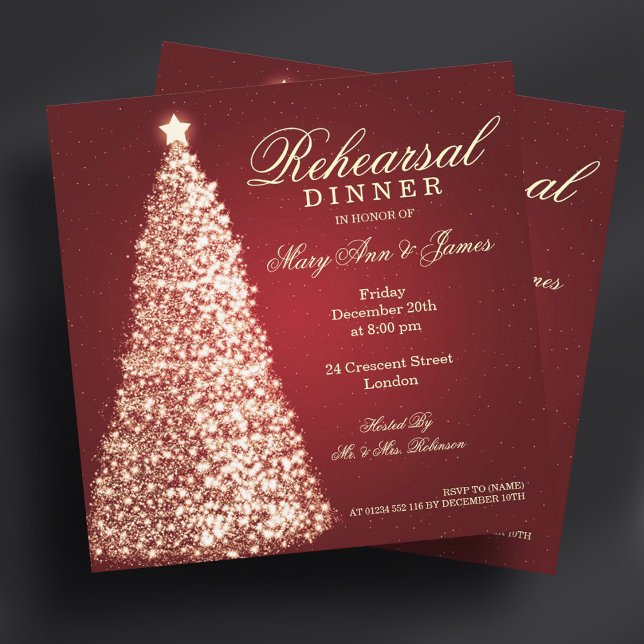 Convites Ensaio de Casamento de Natal Jantado Dourado Verme (Christmas Wedding Rehearsal Dinner Gold Red Invitation)