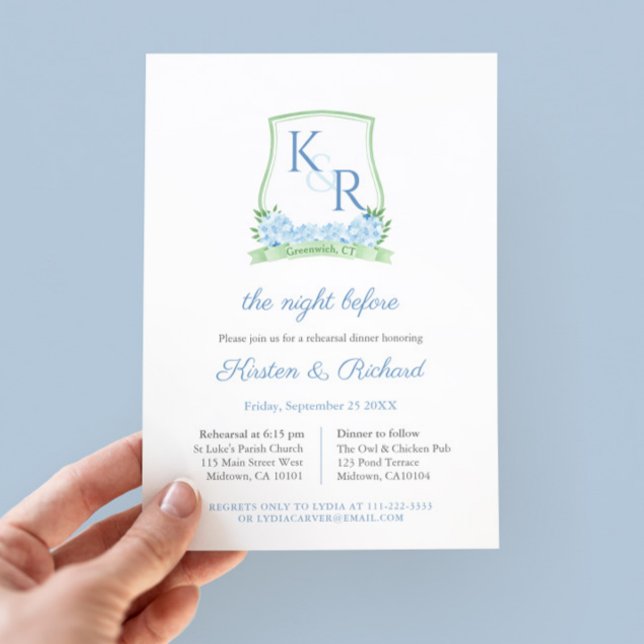 Convites Ensaio De Casamento De Peste Floral Elegante (Watercolor Green And Blue Monogram Crest Wedding Rehearsal Dinner invitation mockup)