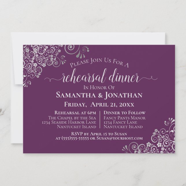 Convites Ensaio de Casamento e Jantar Roxo e Prata (Frente)