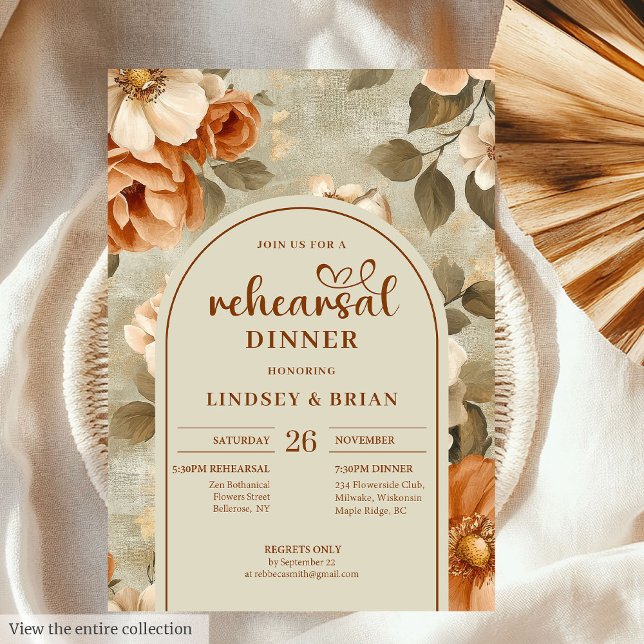 Convites Ensaio de Casamento Floral Bege Rústico Romântico  (Romantic Rusty Beige Olive Floral Wedding Rehearsal Invitation)