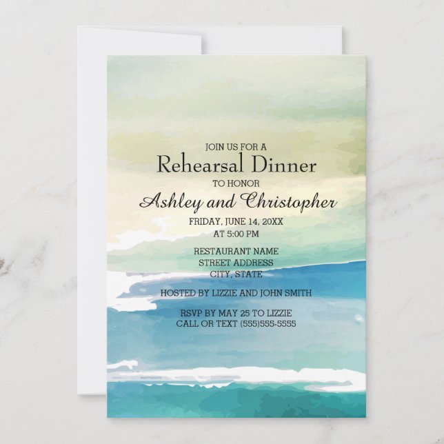 Convites Ensaio de Casamento Oceano Aquarela Azul Verde (Frente)