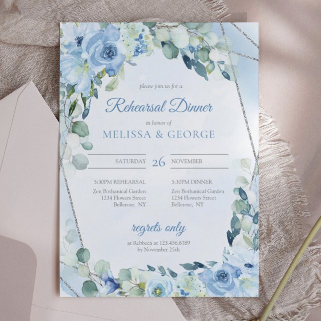 Convites Ensaio de Frame Geométrico de Prata Floral Azul Du (chic winter watercolor blue flowers mixed fresh eucalyptus and silver frame rehearsal dinner invite)