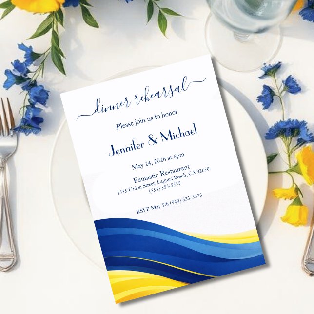 Convites Ensaio de Jantar Azul Cobalto e Amarelo Limão  (Cobalt Blue and Lemon Yellow Dinner Rehearsal  Invitation)