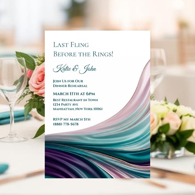 Convites Ensaio de Jantar de Casamento - Seda Moderna em Te (Wedding-Dinner Rehearsal-Modern Teal & Blush Silk Invitation )