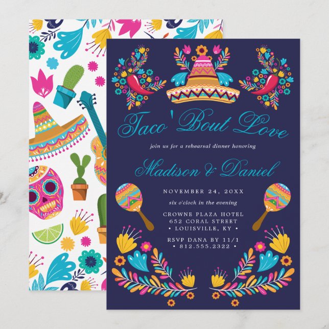 Convites Ensaio de Jantar de Fiesta Floral Mexicana Sombrer (Frente/Verso)