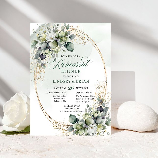Convites Ensaio de Jantar Elegante Água-forte Verde (Elegant Evening Rehearsal Dinner Watercolor Greenery)