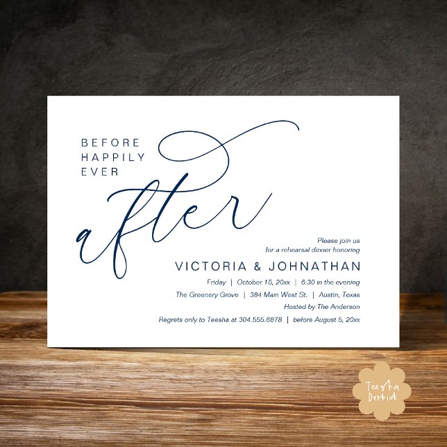 Convites Ensaio de Jantar Moderno Antes do Felizes para Sem (Modern Before Happily Ever After Romantic Rehearsal Dinner Invites Card PDF Aesthetic navy Blue)