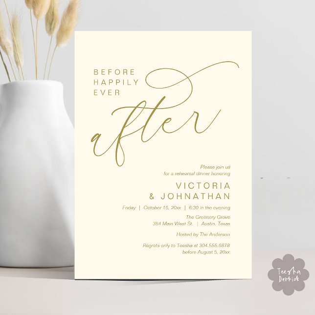 Convites Ensaio de Jantar Moderno Antes do Felizes para Sem (Modern Before Happily Ever After Romantic Rehearsal Dinner Invites Card PDF Aesthetic Yellow Gold)