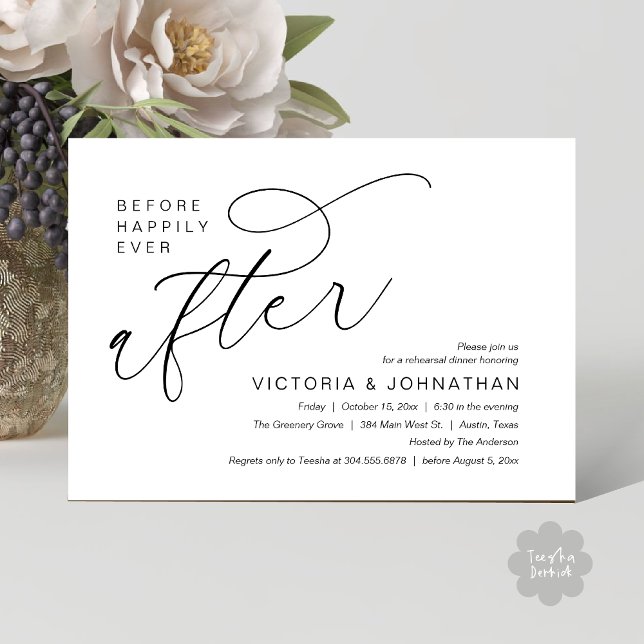 Convites Ensaio de Jantar Moderno Antes do Felizes para Sem (Modern Before Happily Ever After Romantic Rehearsal Dinner Invites Card PDF Aesthetic White Black)