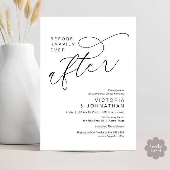 Convites Ensaio de Jantar Moderno Antes do Felizes para Sem (Modern Before Happily Ever After Romantic Rehearsal Dinner Invites Card PDF Aesthetic White Black)