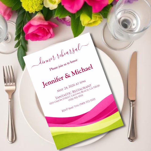 Convites Ensaio de Jantar Rosa Fúcsia e Verde Lima  (Fuchsia and Lime Green Dinner Rehearsal  Invitation )