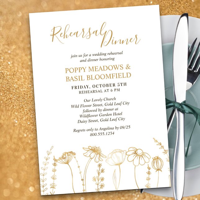 Convites Ensaio de Janto de Casamento de Desenho de Flor Se (Rehearsal Dinner Invitation in White & Gold, from my Wildflower Sketch collection)