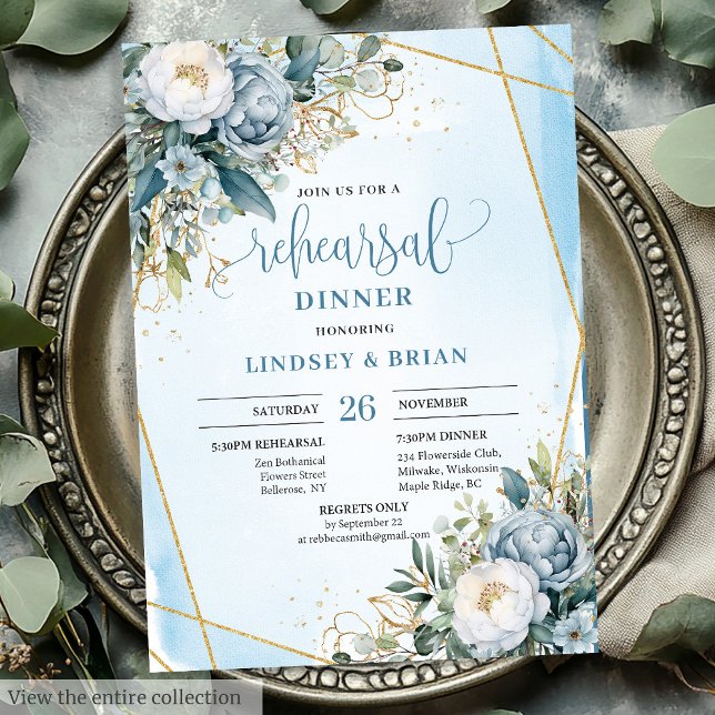 Convites Ensaio Dourado Elegante Boho Dusty Eucalyptus Azul (Elegant Dusty Blue Eucalyptus Gold Rehearsal Invite)