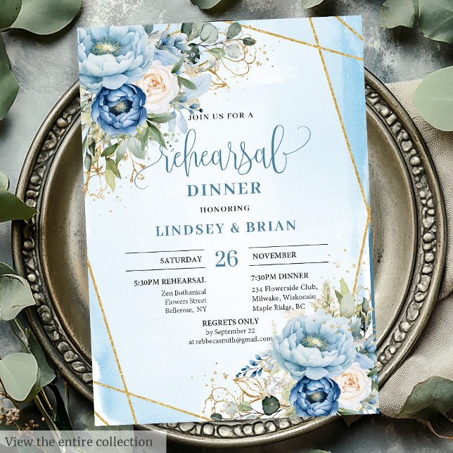 Convites Ensaio Dourado Floral Elegante Boho Dusty (Elegant Dusty Blue Floral Gold Rehearsal Invitation)