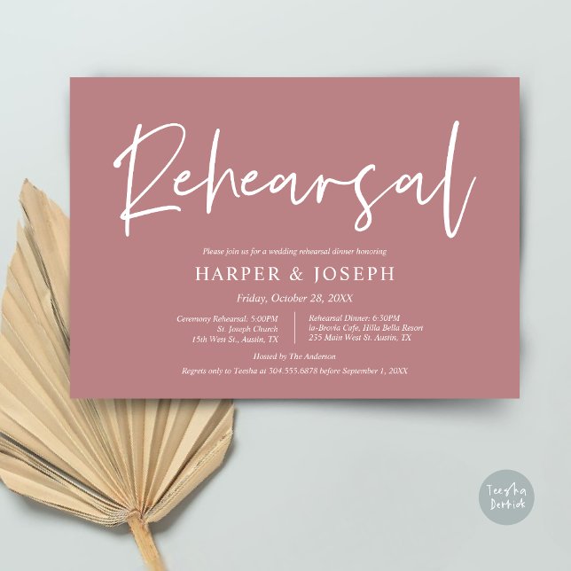Convites Ensaio e Janta de casamento modernos, Dusty Rosa (Wedding Rehearsal and Dinner Invitation Card, PDF, Modern Minimalist Elegant, in Dusty Rose)