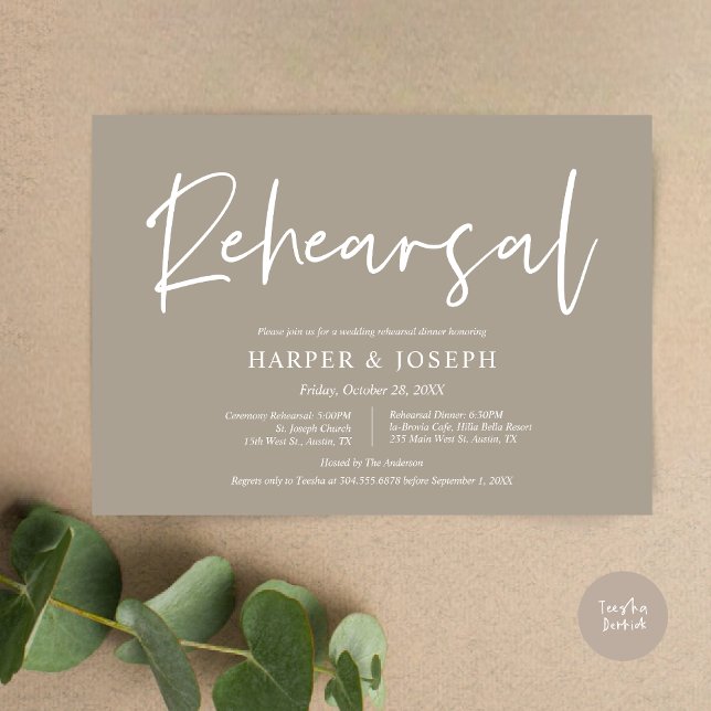Convites Ensaio e Janta modernos sobre o casamento, simples (Wedding Rehearsal and Dinner Invitation Card, PDF, Modern Minimalist Elegant, in Simply Taupe)