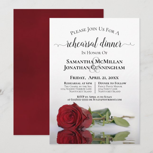 Convites Ensaio e Janto de Casamento de Rosas vermelhas Rom (Frente/Verso)