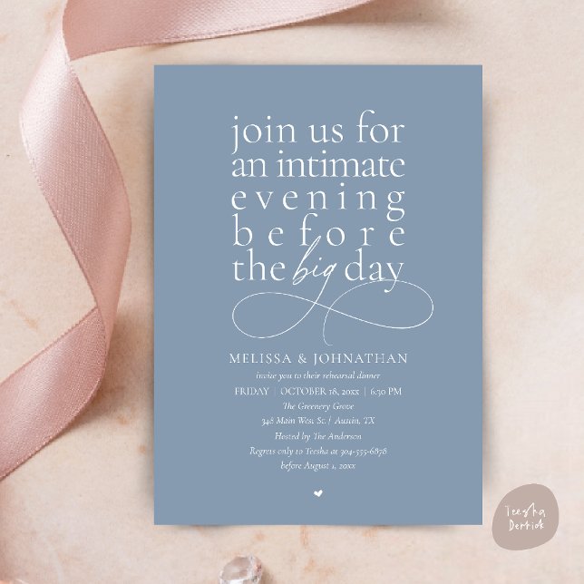 Convites Ensaio Elegante de Jantar numa Noite Íntima (Modern Elegant Rehearsal Dinner Intimate Evening before big day Invitation Card in Dusty Blue)