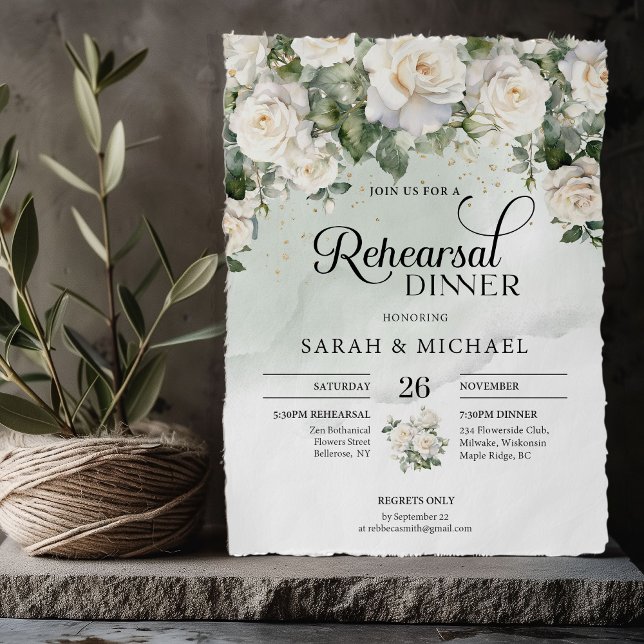Convites Ensaio elegante de rosas brancas e de ouro (Bohemian White Roses and Eucalyptus Greenery and gold wedding rehearsal dinner invitation)