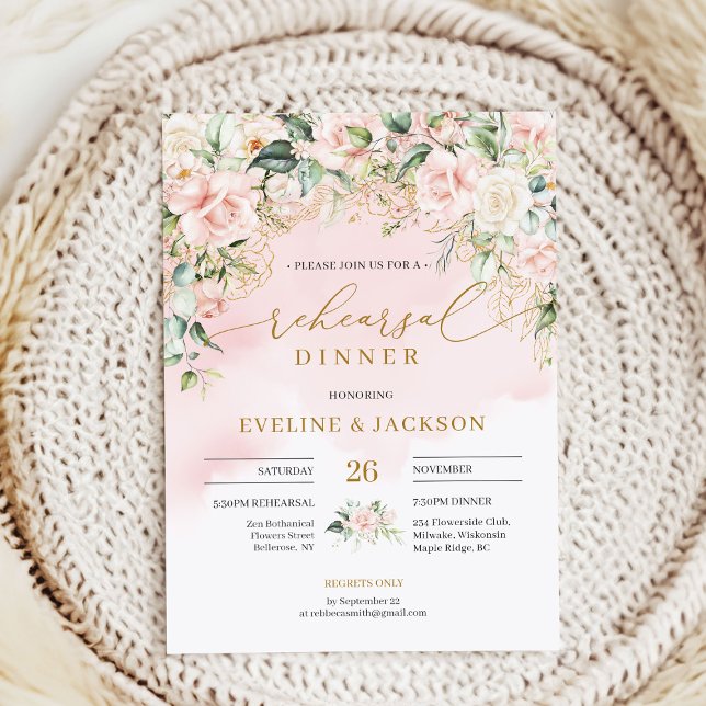 Convites Ensaio elegante de rosas de borda esmagada de ouro (Delicate soft pastel pink roses rehearsal dinner invitation digital )