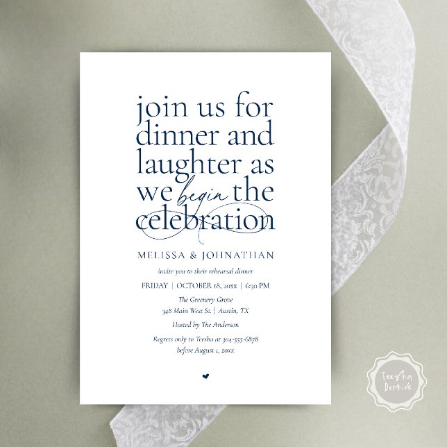 Convites Ensaio Elegante Jantar de Amor & Riso Minimal (Modern Elegant Rehearsal Dinner Love & Laughter Celebration begins Invites Card in Navy blue)