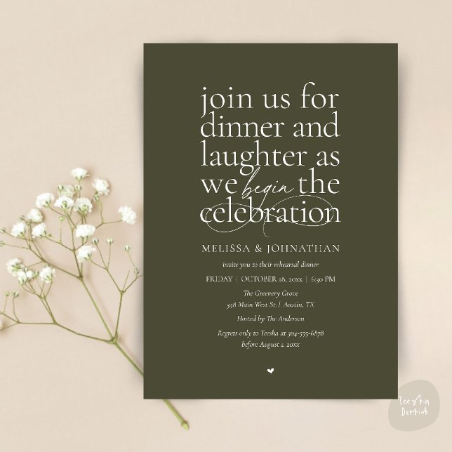 Convites Ensaio Elegante para Jantar de Amor & Riso Minimal (Modern Elegant Rehearsal Dinner Love & Laughter Celebration begins Invites Card in Olive Green)