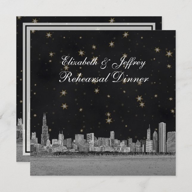 Convites Ensaio em Chicago Skyline Black Dourado Star S (Frente/Verso)