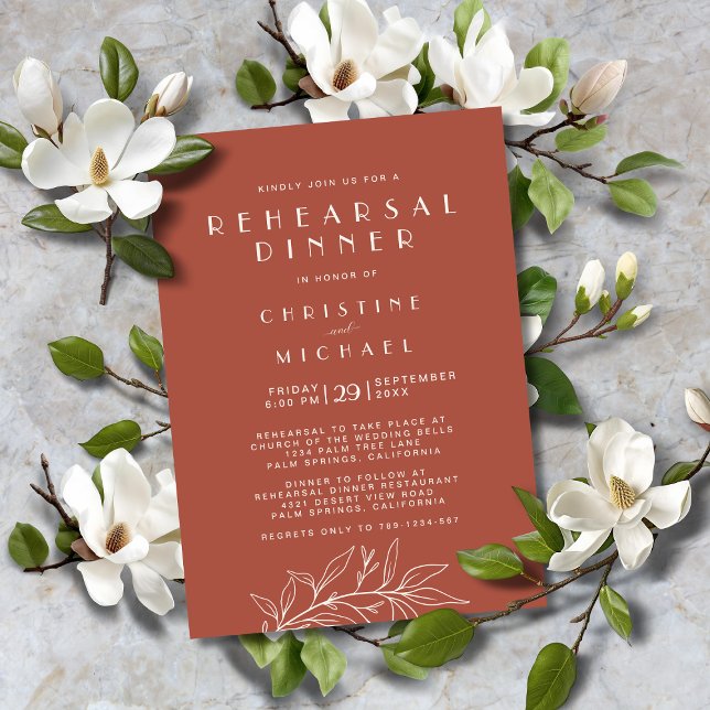 Convites Ensaio Formal De Casamento De Elegantes Florais Te (Terracotta Floral Elegant Formal Wedding Rehearsal Dinner Invitation with Magnolia Leaves Line Art.)