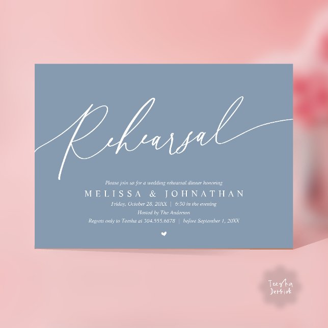 Convites Ensaio Moderno Romântico Jantar de Casamento Dança (Modern Romantic Rehearsal Wedding Dinner Dancing Invitation Card in Dusty Blue)