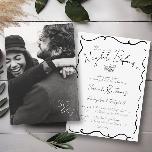Convites Ensaio Simples De Foto De Casamento De Escrivatura (Simple hand drawn handwritten scribble black and white photo wedding rehearsal dinner invitation)