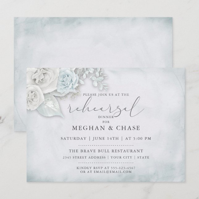 Convites Ensaio Vintage Rosas brancas azuis azuis (Frente/Verso)