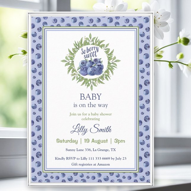 Convites Então Berry Sweet Chá de fraldas Blueberry Blue Pa (So Berry Sweet Baby Shower Blueberry Blue Pattern Invitation)