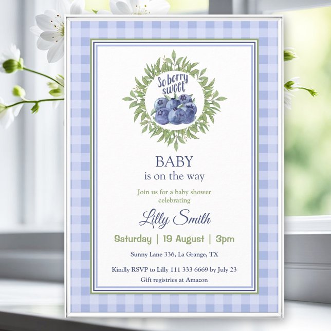 Convites Então Berry Sweet Chá de fraldas Blueberry Xadrez  (So Berry Sweet Baby Shower Blueberry Blue Plaid Invitation)