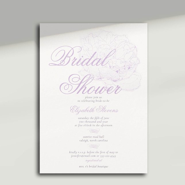 Convites Então, Chá de panela Elegante da Caligrafia de Peo (peony bridal shower invitation formal traditional calligraphy modern classic dreamy lilac)