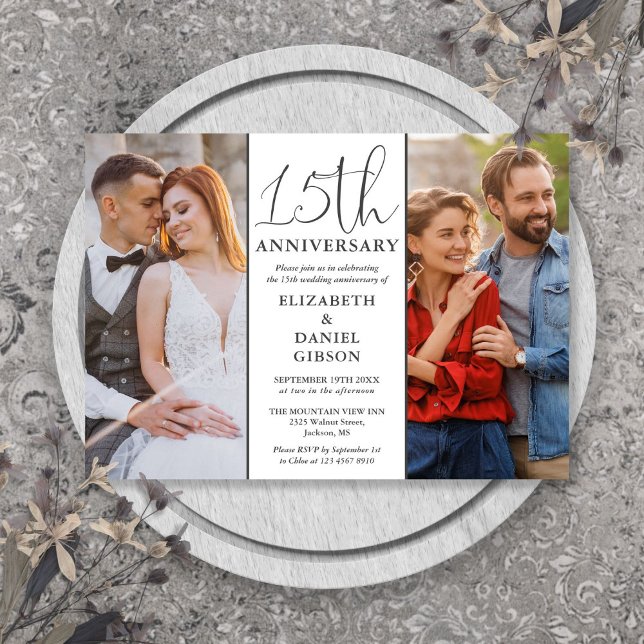 Convites Então E Agora 2 15 Foto Aniversário De Casamento (Then And Now 2 Photo 15th Wedding Anniversary Invitation)