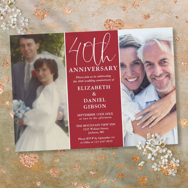 Convites Então E Agora 2 Foto 40º Aniversário De Casamento (Then And Now 2 Photo 40th Wedding Anniversary Invitation)