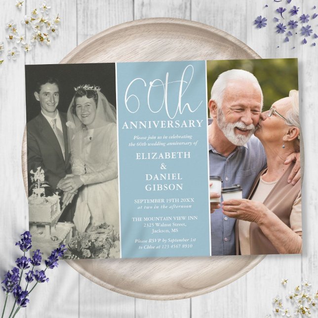 Convites Então e Agora 2 Foto 60º Aniversário de Casamento (Then And Now 2 Photo 60th Wedding Anniversary Invitation)