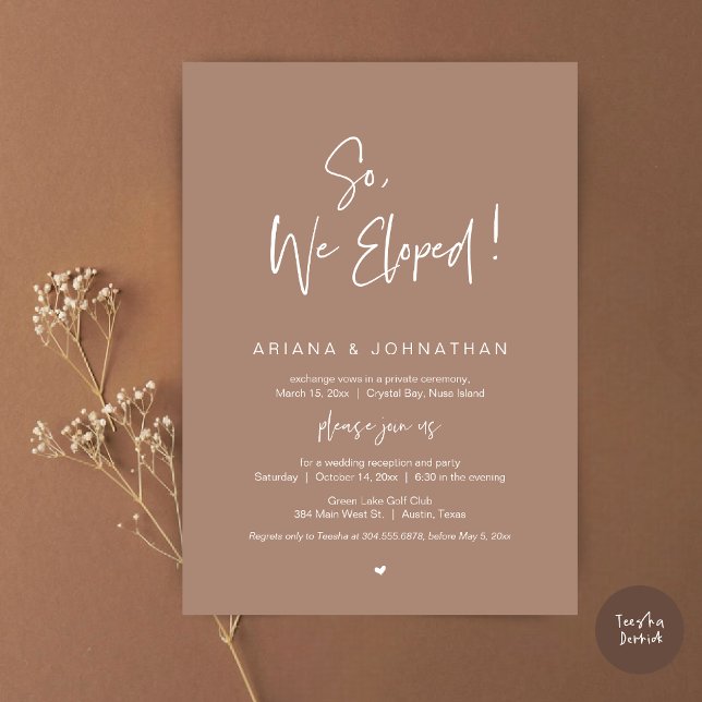 Convites Então, Nós Elogiamos, Janto Moderno de Elopemento  (So, We Eloped, Modern Wedding Elopement Dinner Invitation Card, PDF, in Taupe Earthy)