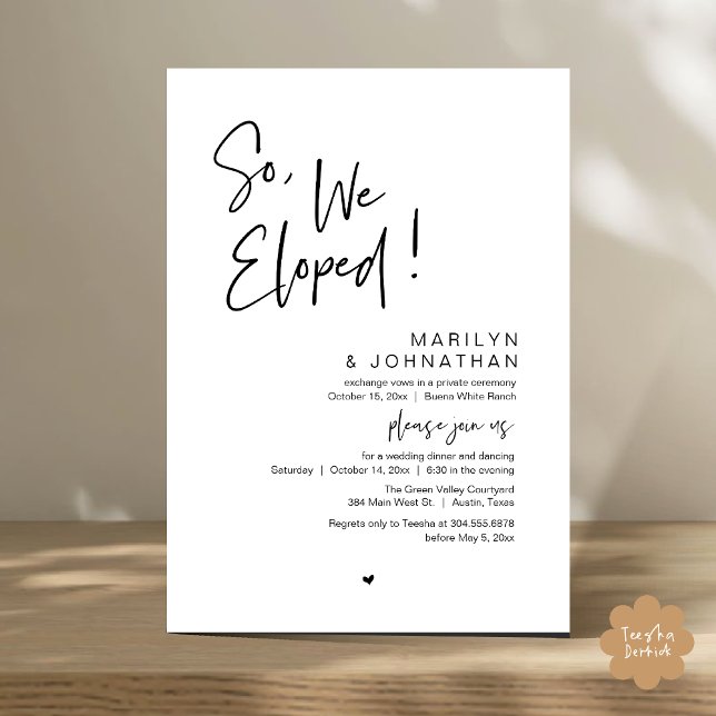 Convites Então, Nós Elogiamos, Janto Moderno de Elopemento  (So, We Eloped, Modern Classy Wedding Elopement Dinner Party Invitation Card PDF Black White)