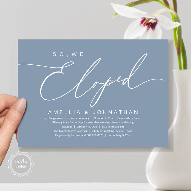 Convites Então, Nós Fugimos, Festa de Casamento Romântico e (So, We Eloped, Modern Romantic Wedding Dinner Brunch Lunch Party Invitation Card PDF Dusty Blue)