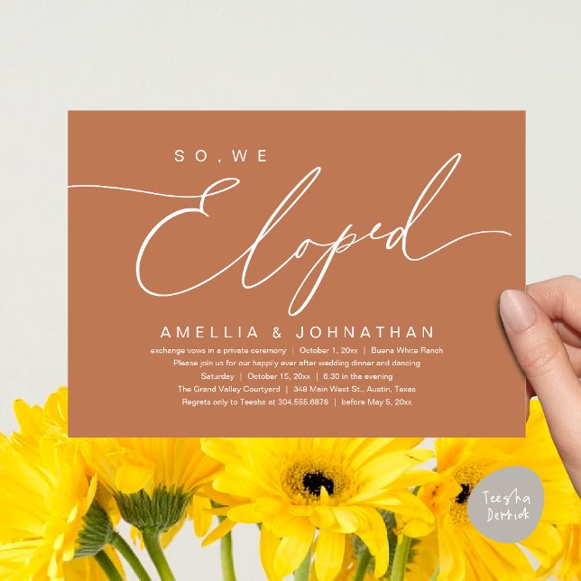 Convites Então, Nós Fugimos, Festa de Casamento Romântico e (So, We Eloped, Modern Romantic Wedding Dinner Brunch Lunch Party Invitation Card PDF Copper Earthy)