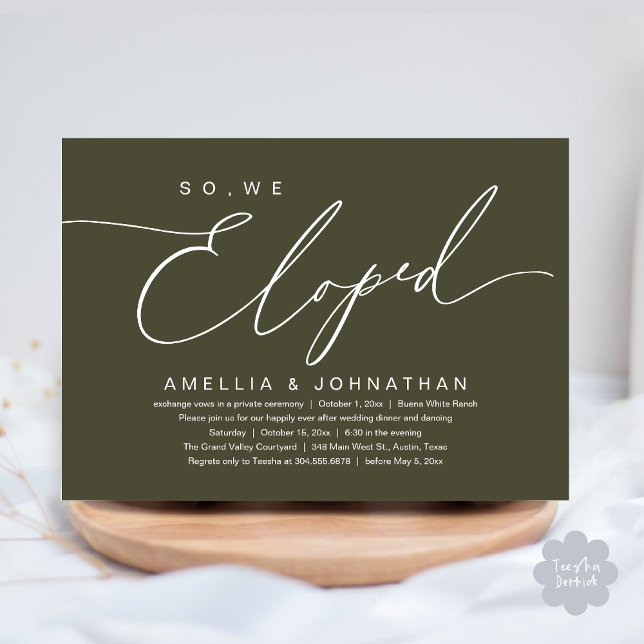 Convites Então, Nós Fugimos, Festa de Casamento Romântico e (So, We Eloped, Modern Romantic Wedding Dinner Brunch Lunch Party Invitation Card PDF Olive Green)