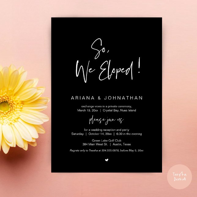 Convites Então, Nós Fugimos, Jantar de Casamento de Fuga Mo (So, We Eloped, Modern Wedding Elopement Dinner Invitation Card, PDF, in Classy Black)