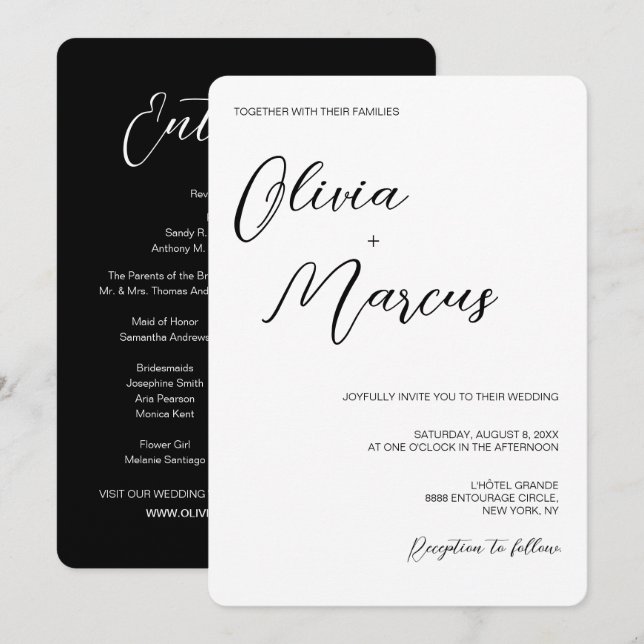 Convites Entourada de Casamento de Script Chic Preto Elegan (Frente/Verso)