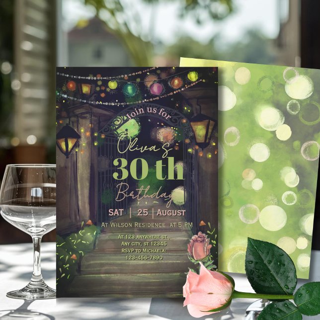 Convites Entrada Elegante com Luzes de Corda Aniversário de (Elegant Entrance with String Lights 30th Birthday Invitation)