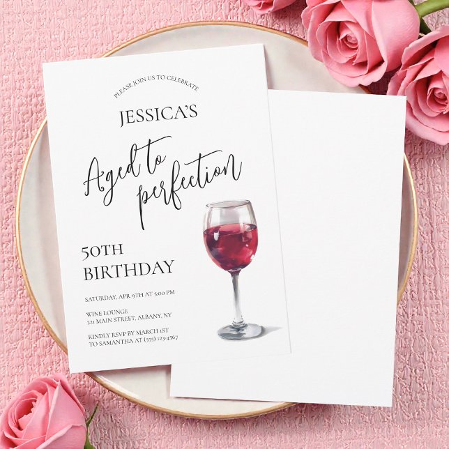 Convites Envelhecido à Perfeição Rótulo de Vinho Festa de 5 (Aged to Perfection Script Wine 50th Birthday Party Invitation)