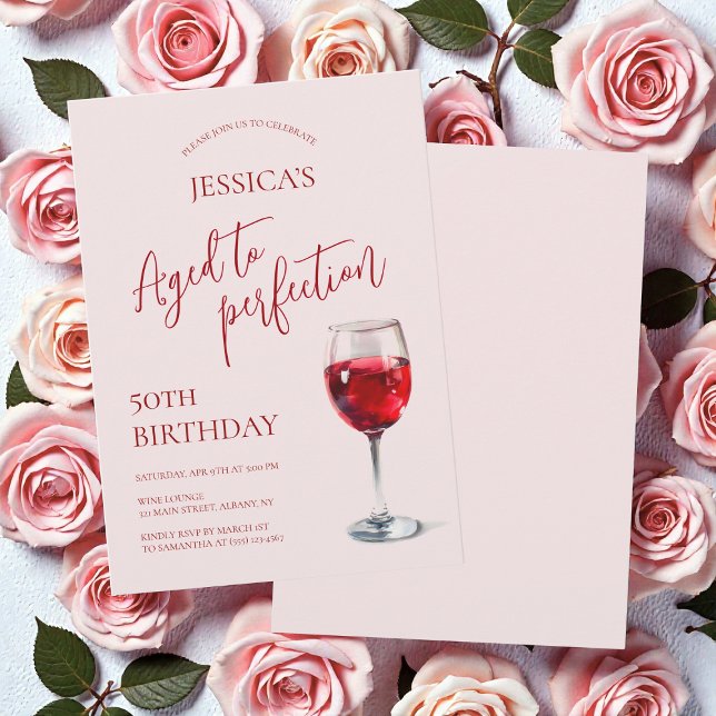 Convites Envelhecido à Perfeição Vinho Rosa Aniversário de  (Aged to Perfection Wine Pink 50th Birthday Party Invitation)