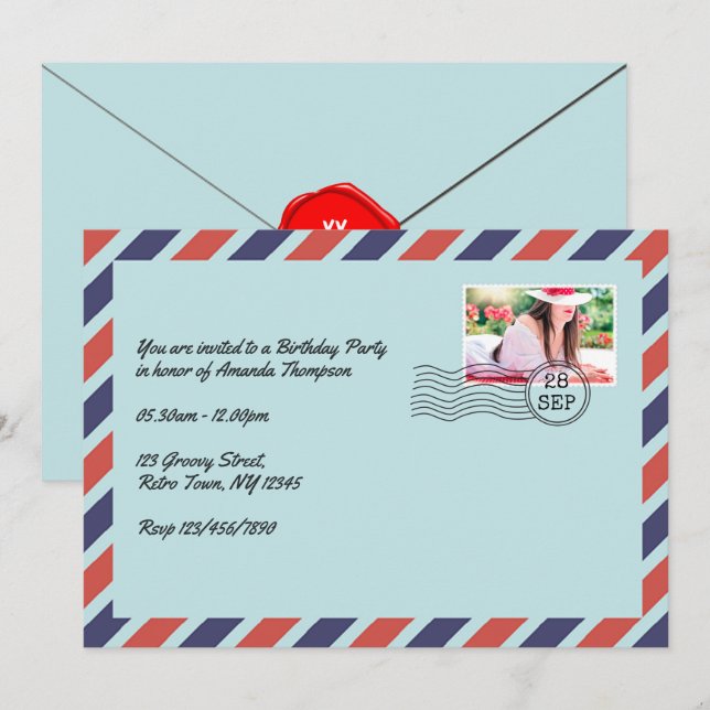 Convites Envelope de Correio Aéreo Vintage para Festa de An (Frente/Verso)