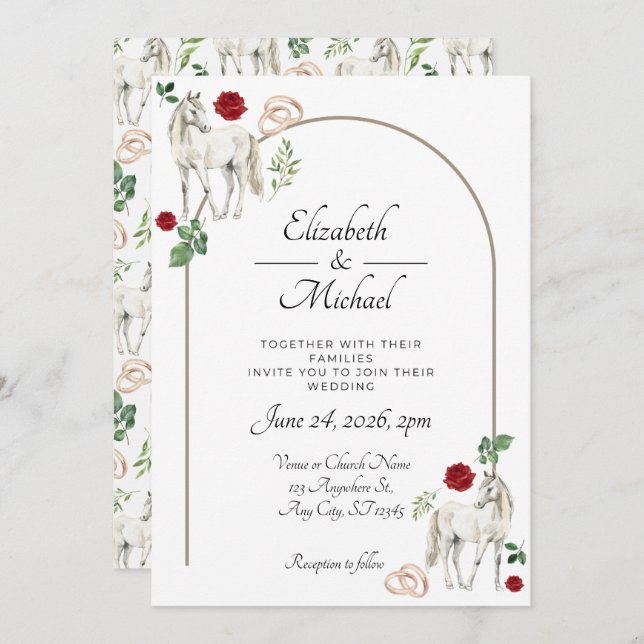 Convites Equestrian Red Floral Wedding Invitation  (Frente/Verso)